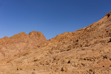Fototapeta premium Egypt. Mount Sinai in the morning at sunrise. (Mount Horeb, Gabal Musa, Moses Mount). Pilgrimage place and famous touristic destination.