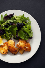 fried squid with salad and lemon on white plate