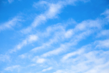 Cloudscape. Blue sky background with white clear  clouds. The texture of the sky with translucent light feathery clouds. Diagonal direction.