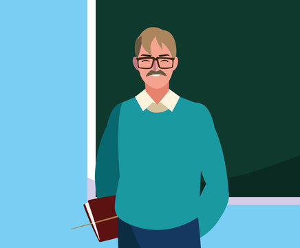teacher male with documents and chalkboard