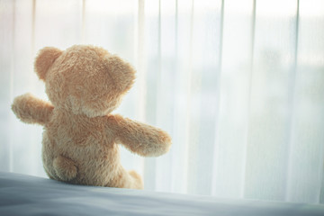 rear of lonely bear doll on bed room, feel like sad and low key. soft focus.