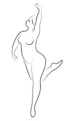 Silhouette of a cute lady, she is dancing ballet. The woman has an overweight body. Girl is plump. Woman ballerina, gymnast. Vector illustration