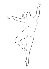 Silhouette of a cute lady, she is dancing ballet. The woman has an overweight body. Girl is plump. Woman ballerina, gymnast. Vector illustration