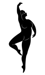 Fototapeta premium Silhouette of a cute lady, she is dancing ballet. The woman has an overweight body. Girl is plump. Woman ballerina, gymnast. Vector illustration