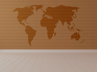 empty space world map paint on wooden wall 3d rendering