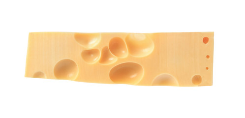 Maasdam cheese slice cut isolated on white background with clipping path.
