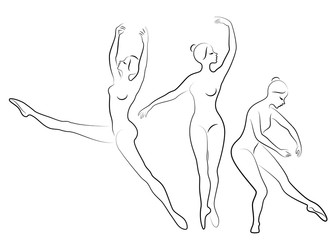 Collection. Silhouette of a cute lady, she is dancing ballet. The girl has a slim beautiful figure. Woman ballerina. Vector illustration set
