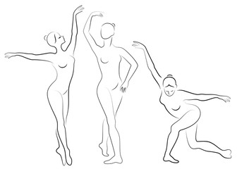 Collection. Silhouette of a cute lady, she is dancing ballet. The girl has a slim beautiful figure. Woman ballerina. Vector illustration set