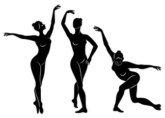 Collection. Silhouette of a cute lady, she is dancing ballet. The girl has a slim beautiful figure. Woman ballerina. Vector illustration set