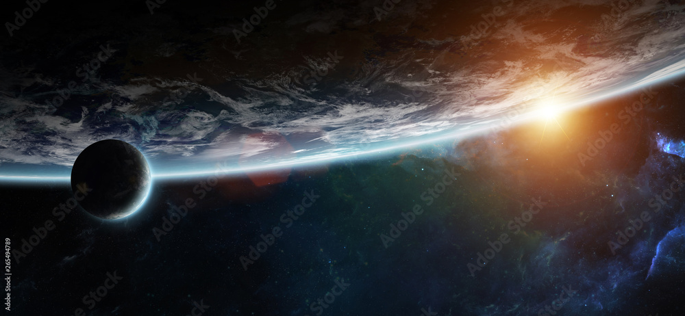 Poster Distant planet system in space with exoplanets 3D rendering elements of this image furnished by NASA