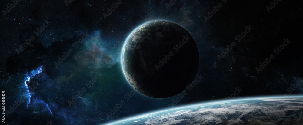 Poster Distant planet system in space with exoplanets 3D rendering elements of this image furnished by NASA