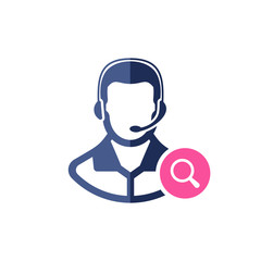Support icon with research sign. Customer service agent with headset icon and explore, find, inspect symbol