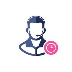 Support icon with clock sign. Customer service agent with headset icon and countdown, deadline, schedule, planning symbol