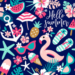 Summer themed seamless vector pattern with tropical flowers and beach accessoires. Perfect for fabric, wallpaper or wrapping paper.