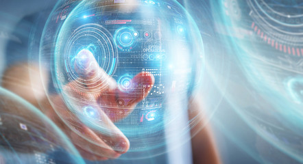 Businessman using digital technological interface with datas 3D rendering