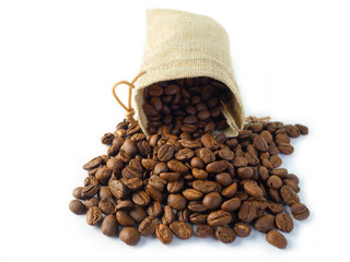 coffee beans in a sack on white background.