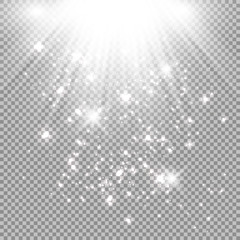 Vector transparent sunlight special lens flash light effect.front sun lens flash. Vector blur in the light of radiance. Element of decor. Horizontal stellar rays and searchlight. 