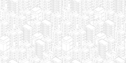 Seamless city pattern. Buildings roofs white light background. Isometric top view. Vector illustration stock. Gray lines outline contour style.