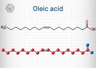 Oleic acid ( cis, omega-9) molecule. Structural chemical formula and molecule model. Sheet of paper in a cage