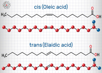 Oleic acid (cis ) and elaidic acid (trans), omega-9 fatty acids are geometric isomers. Structural chemical formula and molecule model. Sheet of paper in a cage
