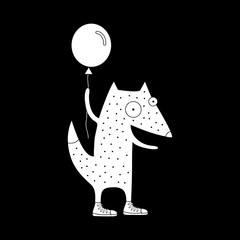 Cute cartoon hand drawn hipster fox illustration. Funny vector black and white hipster fox illustration. Isolated monochrome doodle hipster fox illustration on black background.