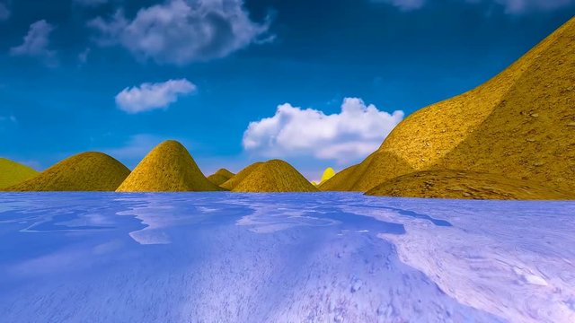3d animated landscape of land rising out of the sea, blue sky with time lapse moving clouds and reflections from the land and sky in the water