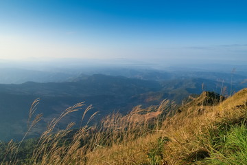 Mountain view morning of the hill around with soft fog and blue sky background, Tan Pha Tey Wor Da View Point, Phu Langka Forest Park, Phayao, Thailand.