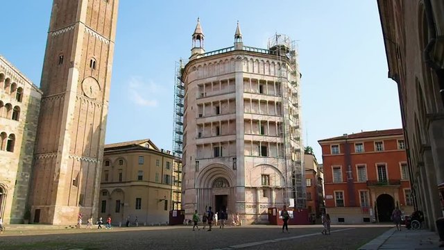 Piazza Duomo with the Baptistery of Parma and a part of the cathedral tower.