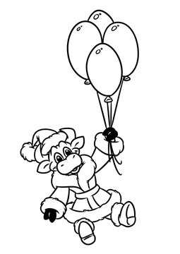 Bull santa claus flight balloons christmas animal character cartoon illustration isolated image coloring page