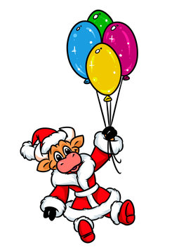 Bull santa claus flight balloons christmas animal character cartoon illustration isolated image