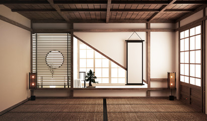 tatami mats and paper sliding doors and decoration japanese style. 3D rendering