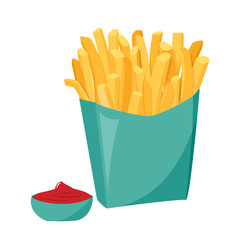 French fries with tomato sauce isolated on white background. Vector realistic illustration.