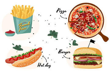 Fast food colorful collection. Vector realistic meal illustration.