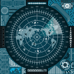 Radar sonar with world map and targets. Futuristic HUD navigation monitor