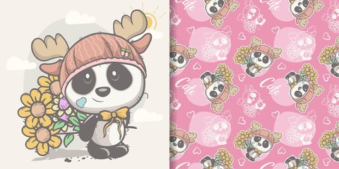 Greeting card Cute Cartoon panda with seamless pattern. Can be used for kids/babies shirt design, fashion print design,t-shirt, kids wear,textile design,celebration card/ greeting card, vector