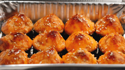 baked sushi rolls, close-up view