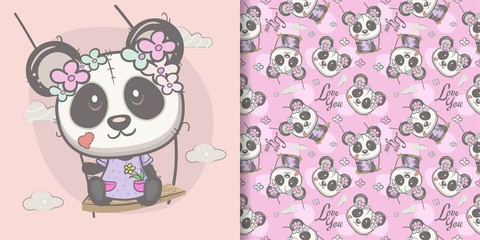 cute cartoon panda girl with seamless pattern. Can be used for kids/babies shirt design, fashion print design,t-shirt, kids wear,textile design,celebration card/ greeting card, vector