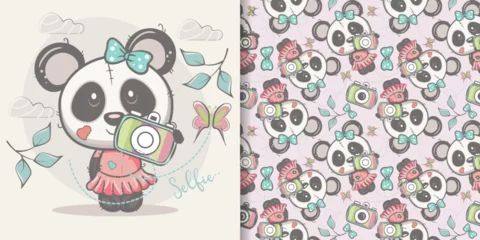 Foto op Canvas cute cartoon panda girl with seamless pattern. Can be used for kids/babies shirt design, fashion print design,t-shirt, kids wear,textile design,celebration card/ greeting card, vector © maniacvector