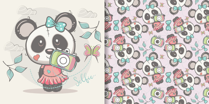 cute cartoon panda girl with seamless pattern. Can be used for kids/babies shirt design, fashion print design,t-shirt, kids wear,textile design,celebration card/ greeting card, vector