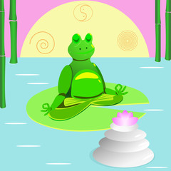 Frog meditation in front of a lotus flower on a lake with bamboo