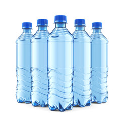 Five plastic bottles of still water with blue cap