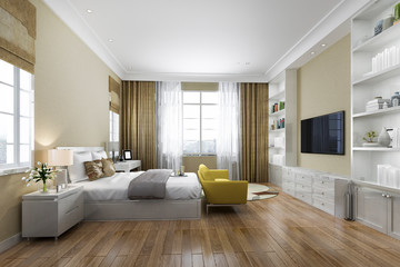 Fototapeta na wymiar 3d rendering contemporary wood bedroom with built in bookshelf