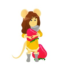 Cartoon rat with a strawberry. Year of the rat. Chinese horoscope. Beauty mouse.