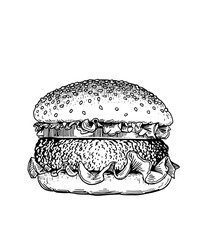 Graphical sketch of hamburger isolated on white, vector illustration ,fast-food