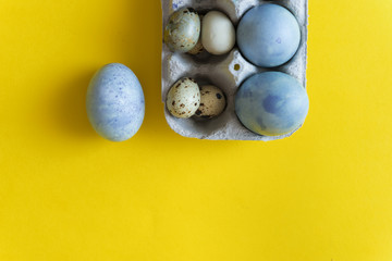 Blue Easter egg on yellow pastel background. Happy Easter concept Organic coloring hibiskus © troyanphoto