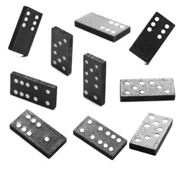 Set black dominoes, pieces isolated on white background