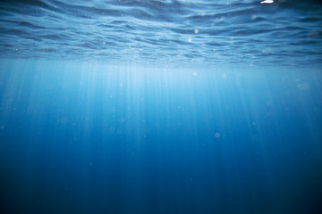 Underwater view of sun rays penetrating surface of ocean