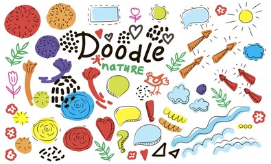 Collection of hand drawn think and talk speech bubbles with love message, greetings and sale ad. Doodle style comic balloon, cloud, heart shaped design elements. Isolated vector.