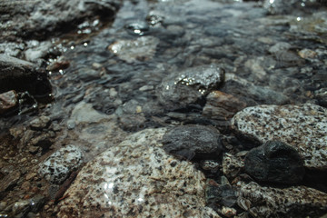 close up of water flowing in a stream and rocks