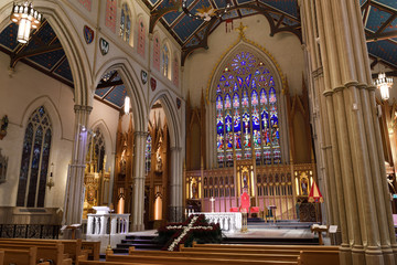 Renovated altar sanctuary with stained glass window St Michael's Cathedral Basilica Toronto